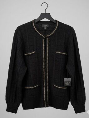 Rafaella Black Cable-Trim Open Cardigan